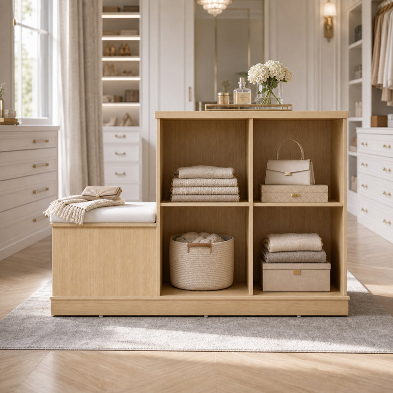 33'' H Gold Oak Closet Island With Cushioned Shoe Bench