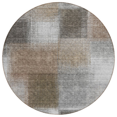 8' Gray Round Abstract Washable Indoor Outdoor Area Rug