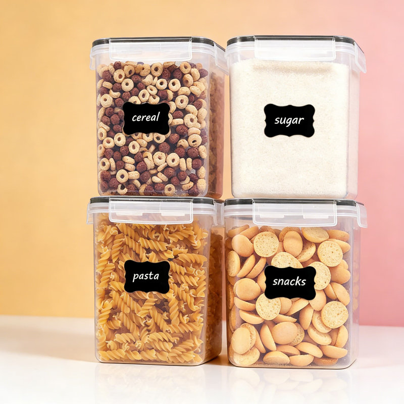 Contenants de rangement hermétiques pour aliments, ensemble de 4 contenants en plastique sans BPA pour la farine, le sucre, les accessoires de cuisson, comprend des tasses à mesurer et des étiquettes pour l'organisation du garde-manger