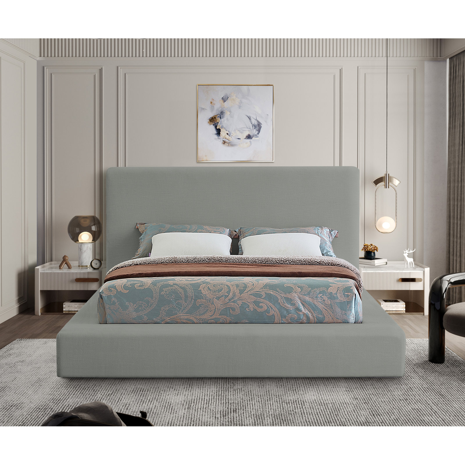 Ishia Upholstered Platform Bed, Queen, Grey Linen