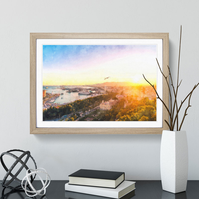 'Malaga Skyline in Spain' - Picture Frame Graphic Art Print, 24cm H x 33cm W x 2cm D, Oak Framed