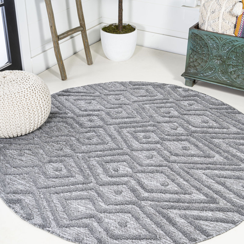 Fierros Moroccan Diamond Dark Gray Indoor/Outdoor Rug, Round 5'3"