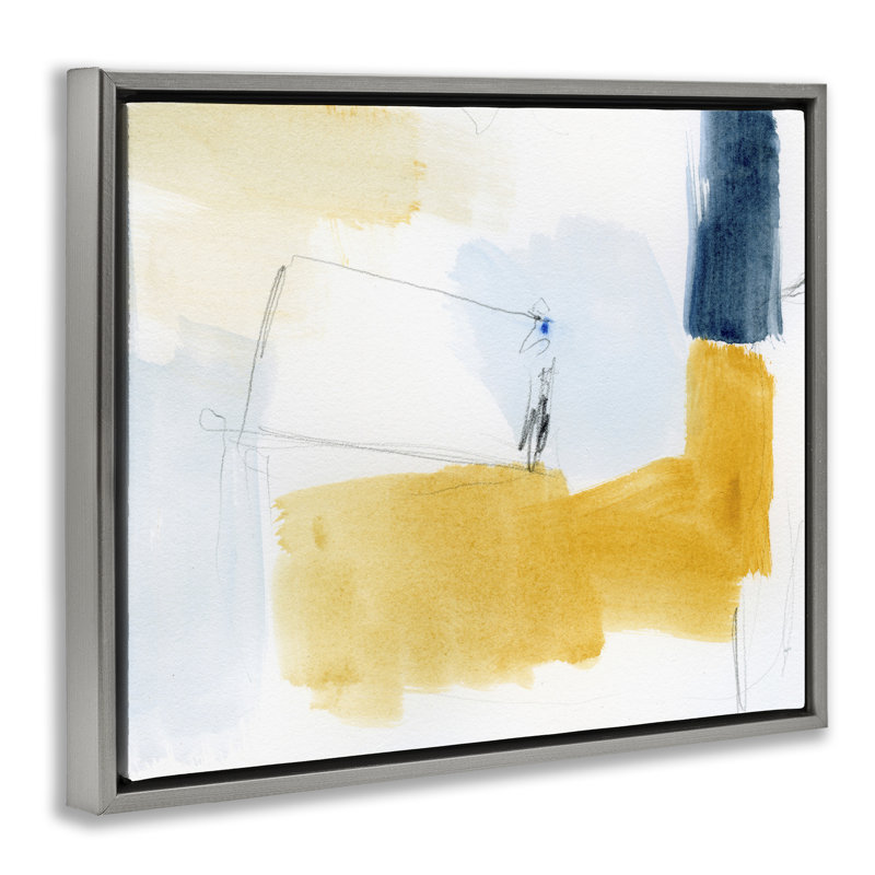 Art mural sur toile jaune et bleu abstrait par Victoria Barnes, Cadre flottant gris, H 17 po x l 21 po x P 1,7 po