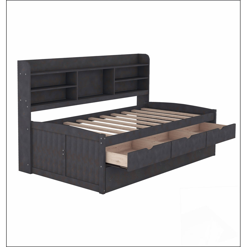Lit capitaine en bois avec tablettes intégrées, Naturel