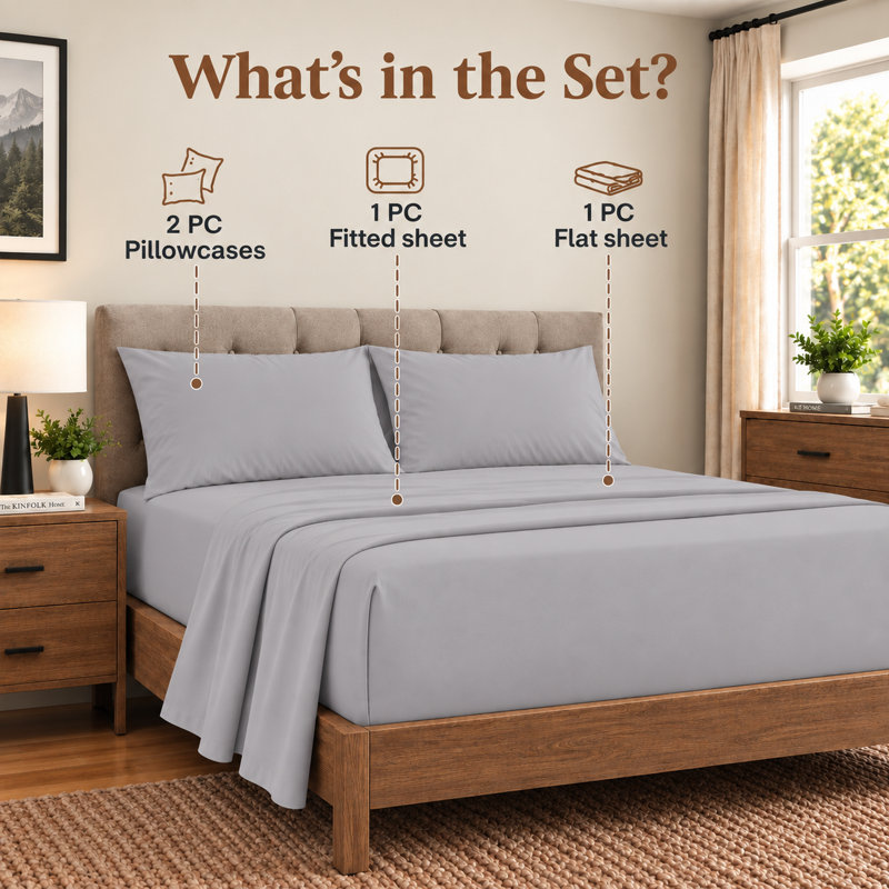 Ensemble de draps 4 pièces, 100 % coton, 800 fils/cm², format California King, gris pâle, California King, Light Grey