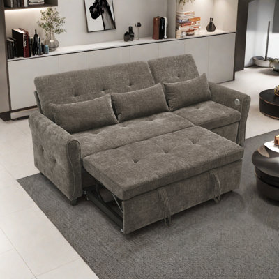 Canapé 3 places 2 en 1 avec canapé-lit et fauteuil inclinable réversible, accoudoirs courbés avec détails capitonnés et ports de chargement USB