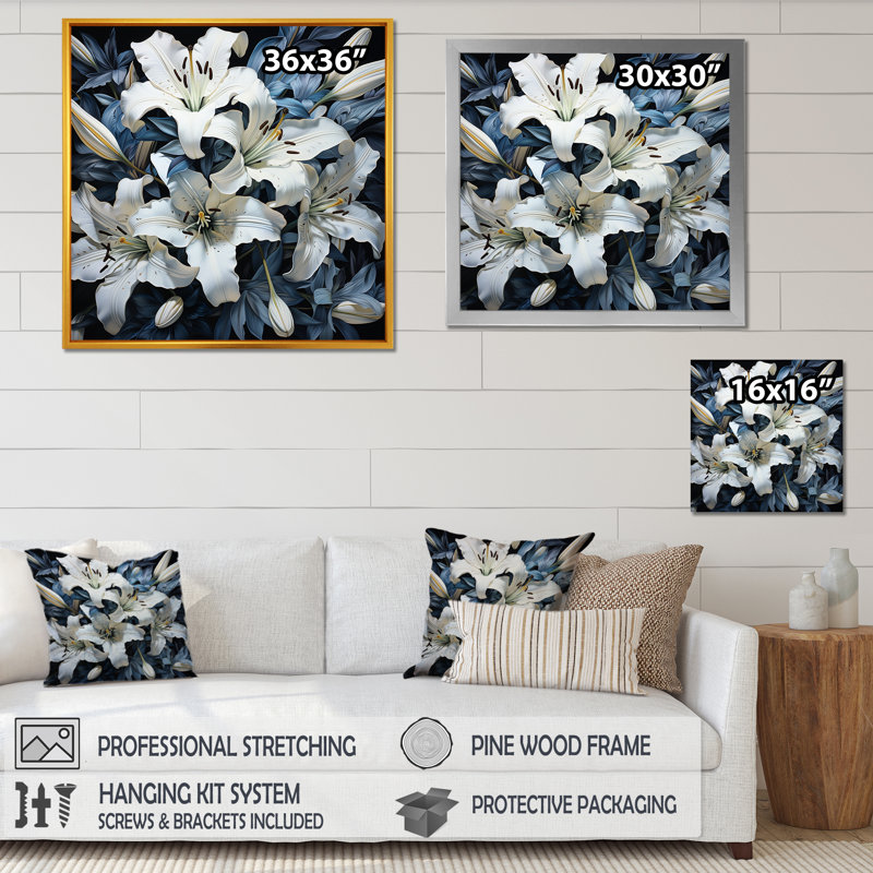 Breloque de lis blanc et bleu - imprimé, Cadre flottant noir, H 30 po x l 30 po x P 1 po