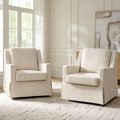 Lucie 30" W Farmhouse Slipcovered Down-blend Swivel Rocking Chair with Pillow Back
