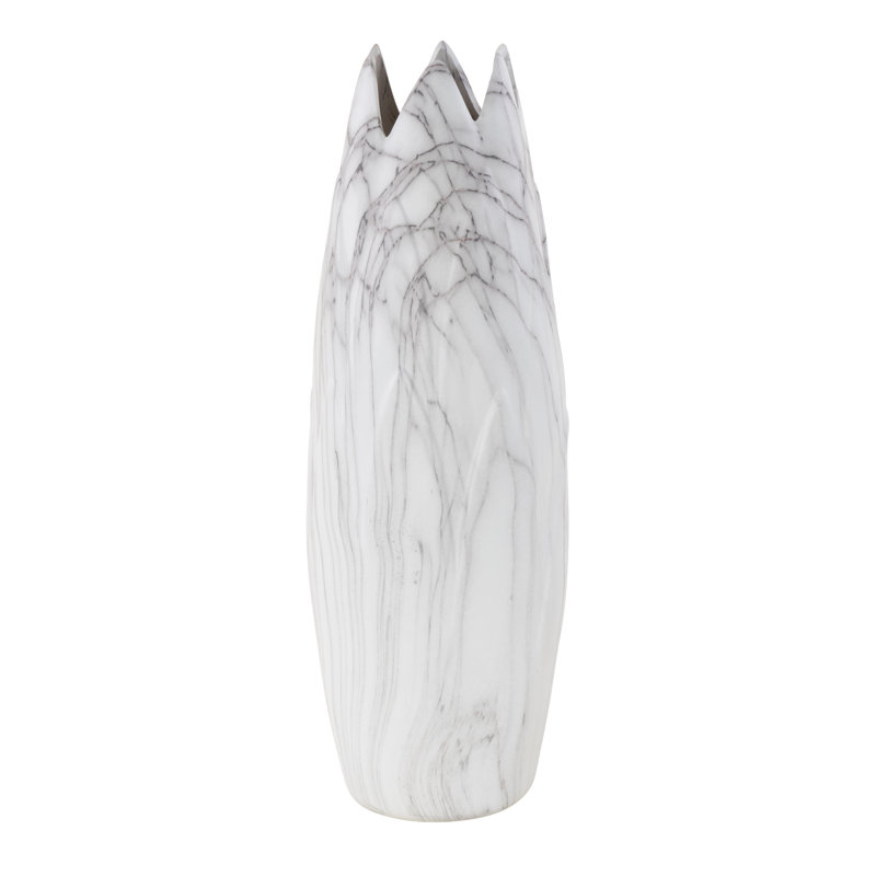 Ceramic Marbled Decorative Vase with Angled Edge Opening and Rust Accents, White Marble, 21" H X 7" W X 7" D