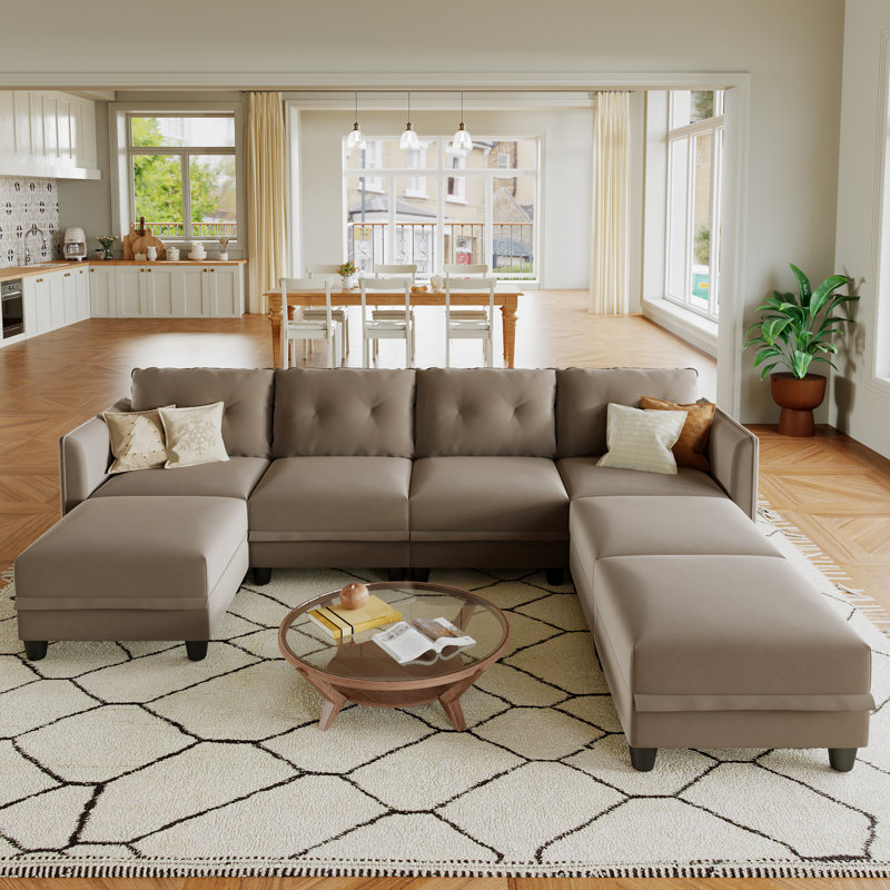 Canapé modulaire en U rembourré 7 pièces avec rangement Tomario, Polyester brun