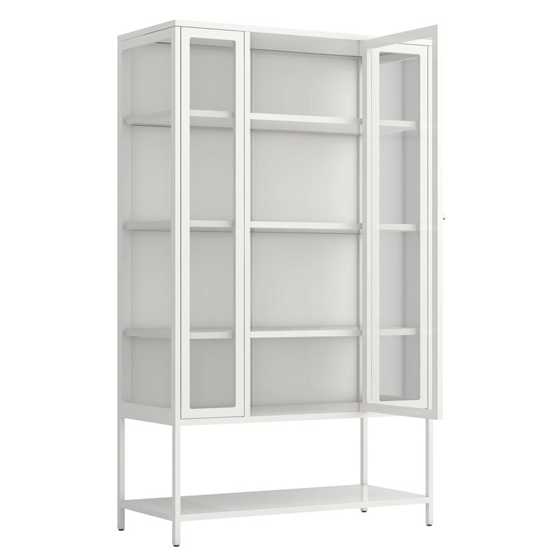 67.25" Tall Iron Display Cabinet With Glass Door And LED Lights Steel, White