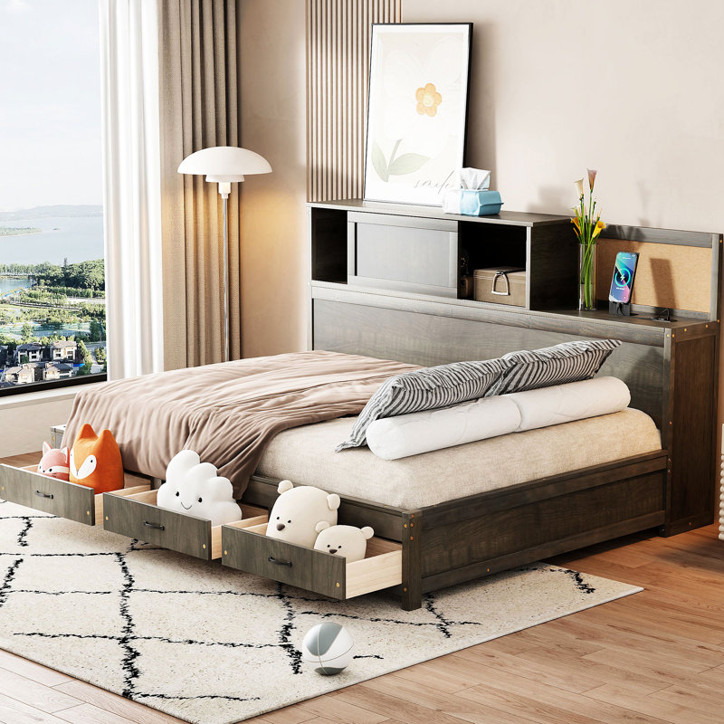 Gray Full Size Daybed With Wooden Construction, Storage Drawers, Upper Soft Board, And Device - Charging Power Supply For Devices Of Wood, Featuring 3 Shelf, Convenient Electronics