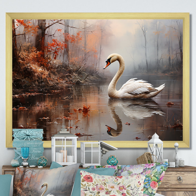 Cygne dans la brume sur toile, Encadrement doré, H 24 po x l 32 po x P 1 po
