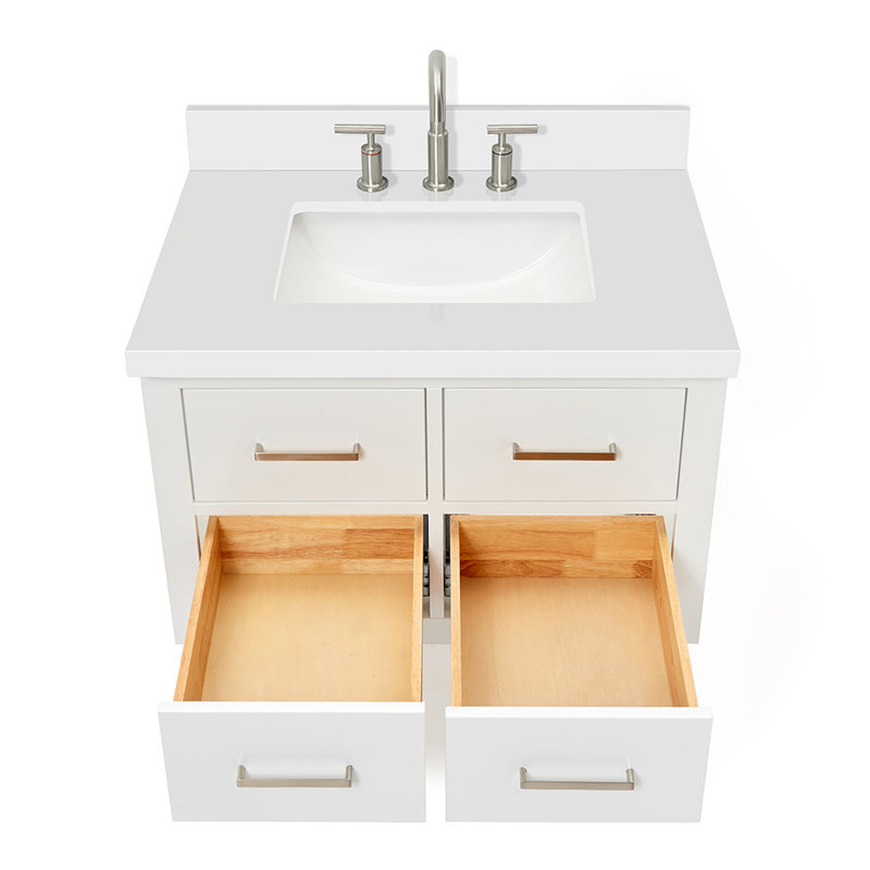 Macolm 31'' Single Bathroom Vanity with White Quartz Top, Brushed Nickel, White