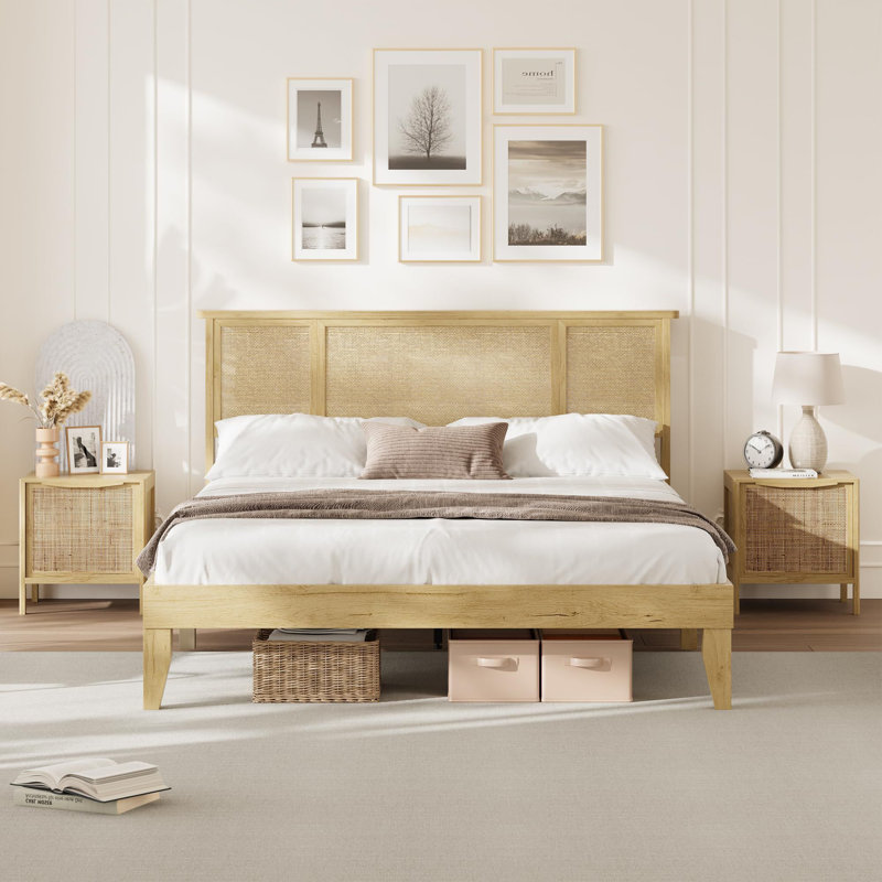 Bed Frame With Natural Rattan Headboard, Strong Wooden Slats, Queen