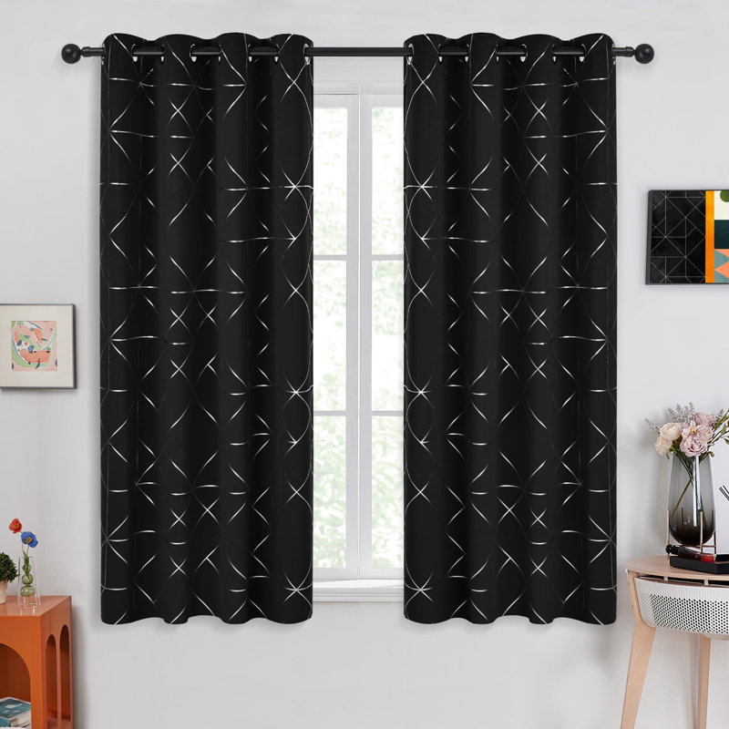 Silver Geometric Printed Pattern Curtains (Set Of 2), 52" W x 63" L, Black