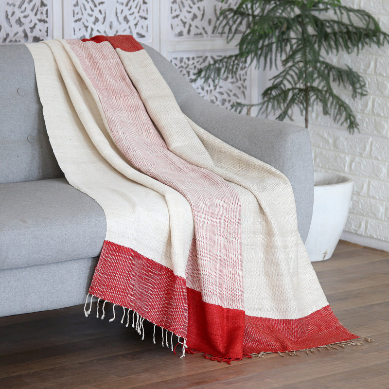 Hand-Woven Red and Ivory Silk Throw Blanket