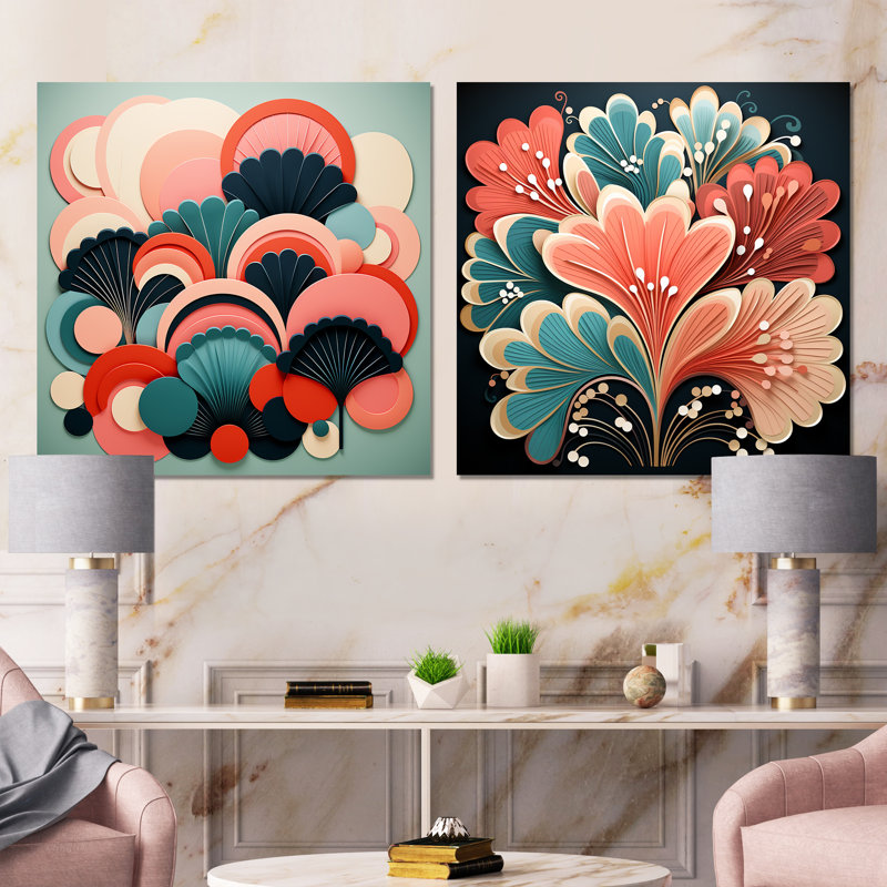 Art déco, corail marin Marvel I - ensemble de 2 reproductions d'art mural corail, Toile tendue, H 16 po x l 33 po x P 1 po