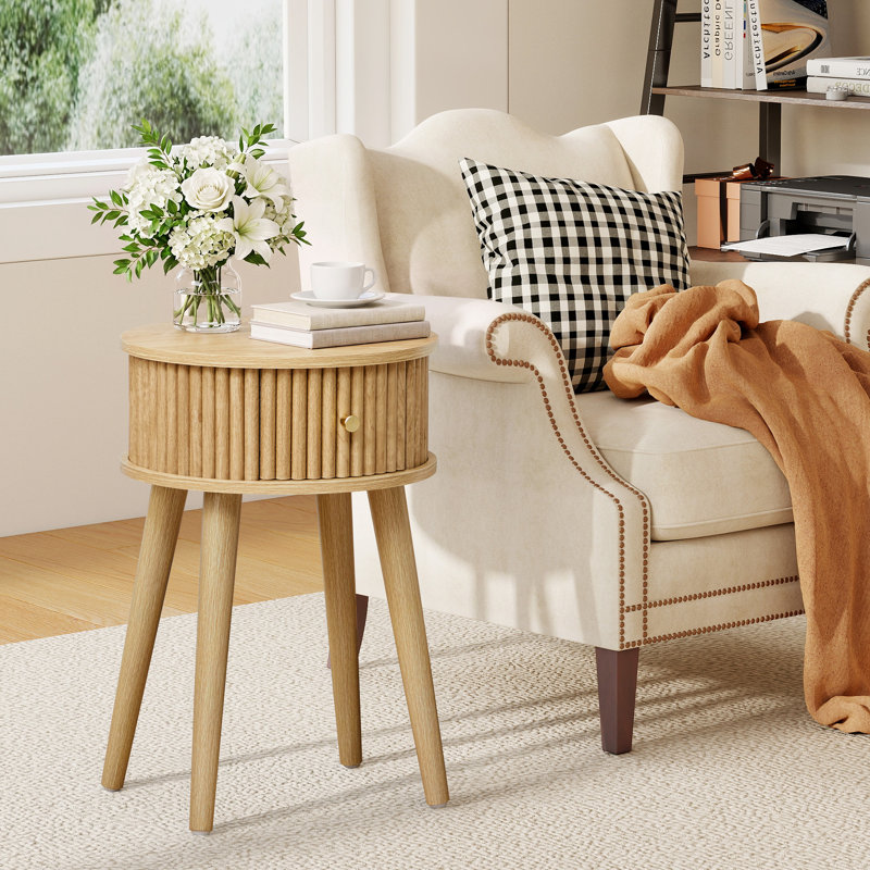 Round End Table with Solid Wood Legs, Natural