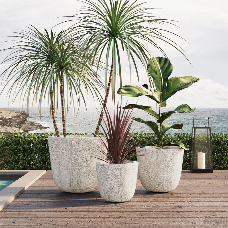Lightweight MGO Planter Set of 3,16.93"+13.78"+11.02" Dia Round Concrete Stackable Flower Pots with Drainage Holes and Rubber Plug,Crackle Stone Texture for Patio Garden Balcony Indoor Outdoor