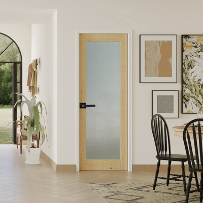 Slab Doors - 1 Lite MDF Solid Wood With Frosted Glass Contemporary Design(Handle Included)