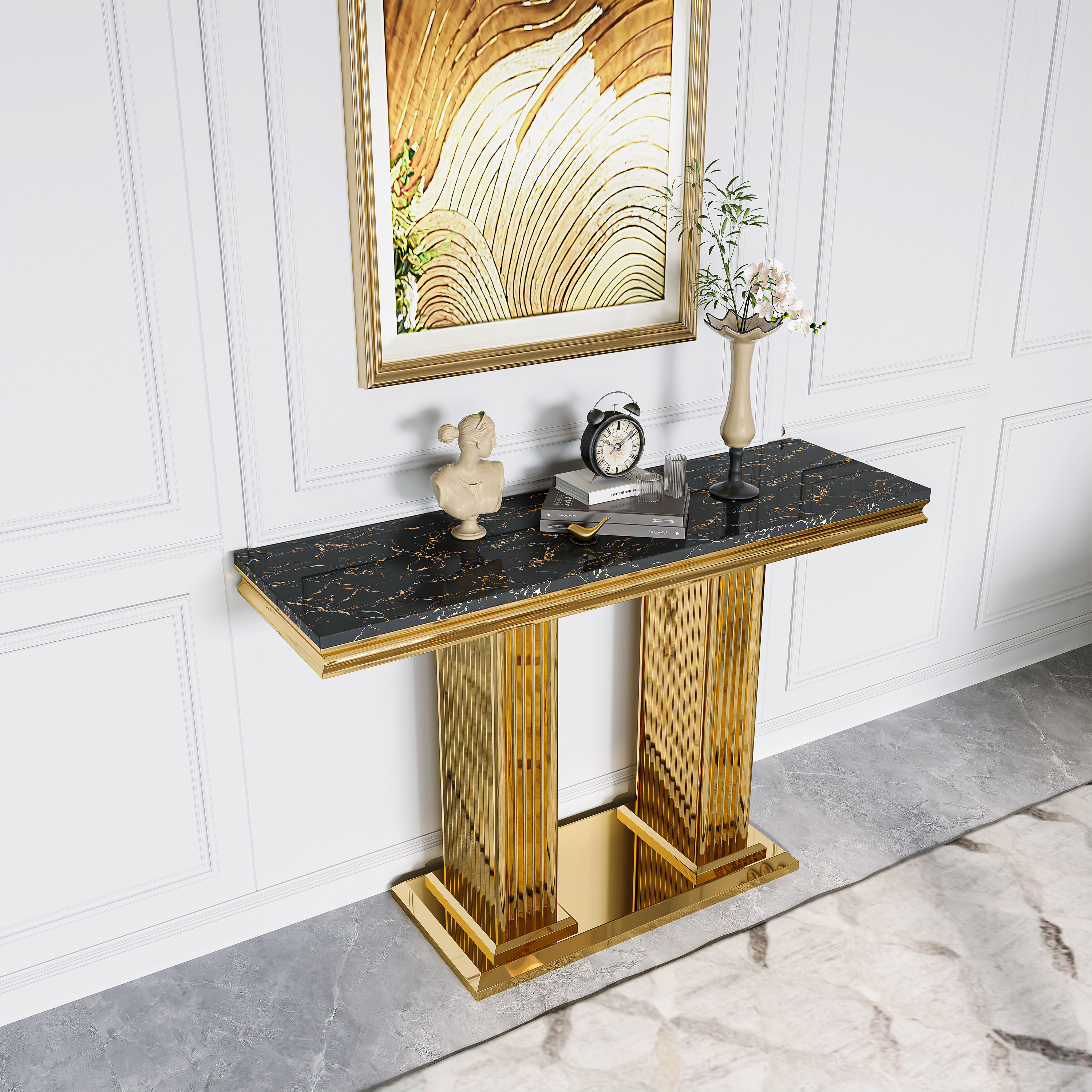 Everly Quinn Rectangular Faux Marble Top Stainless Steel Base Console ...
