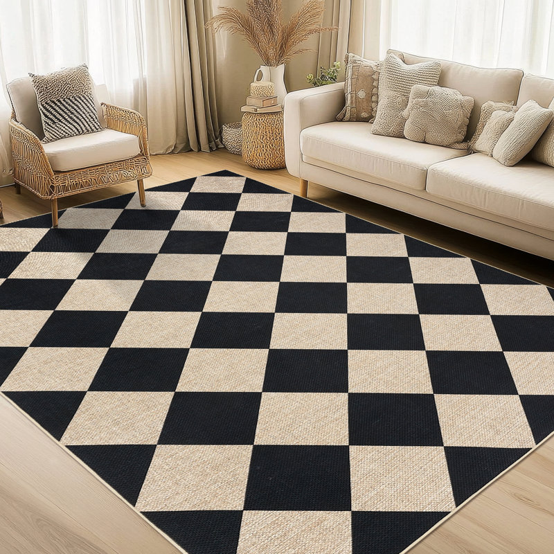 Machine Washable Easy Jute Area Rugs for Living Room Bedroom Distressed Checkered Office Carpet High Traffic Entryway Rug Non Slip Backing Trellis Farmhouse Floor Cover