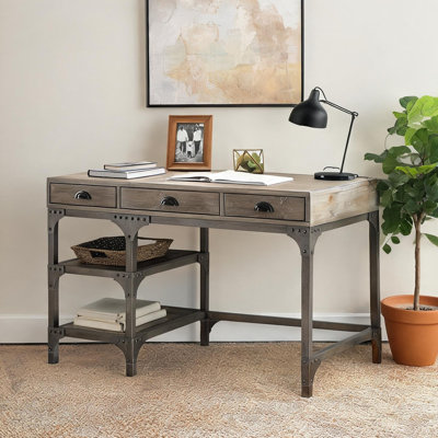 Writing Desk with Storage Shelves and Drawers in Weathered Oak and Antique Silver Metal, Rectangular