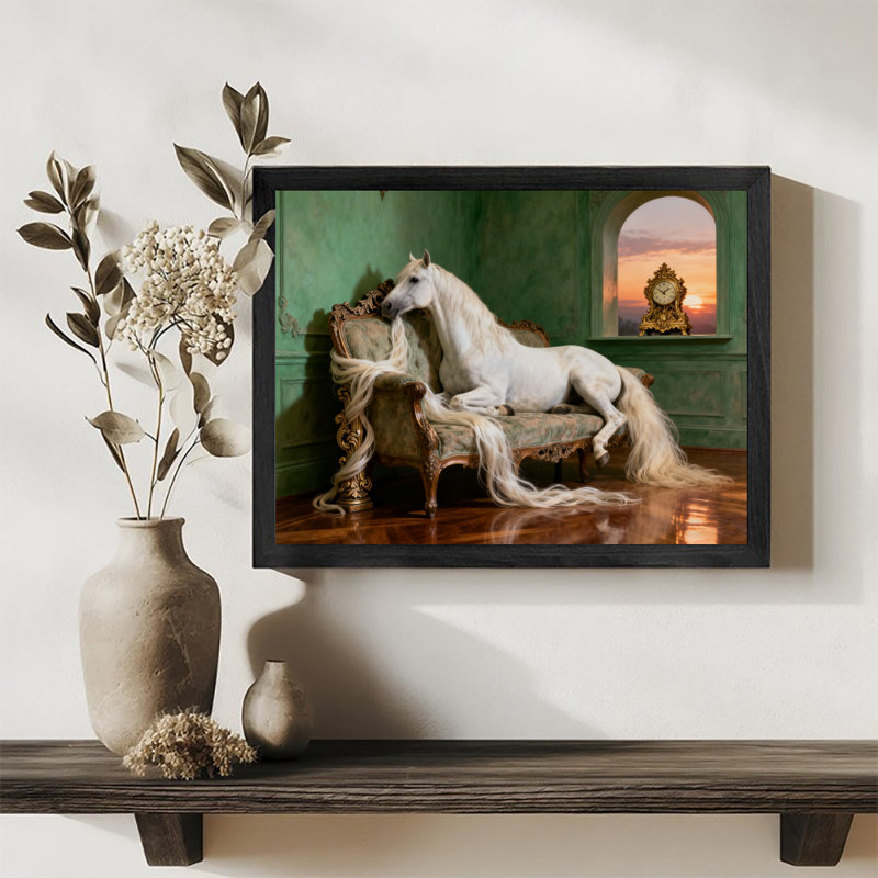 Art encadré noir Un cheval blanc de rêve allongé sur le canapé, impressions sur toile de style rétro, H 25 po x l 37 po