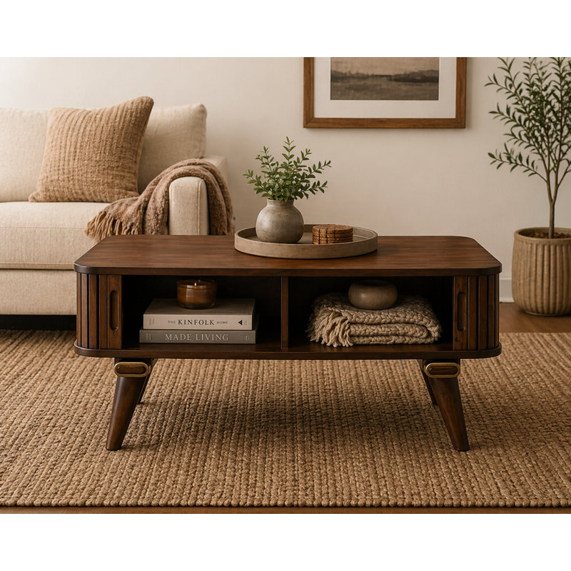Fluterra 47.5"W Mid-Century Solid Wood Coffee Table · Fluted Tambour Doors · Storage Shelves