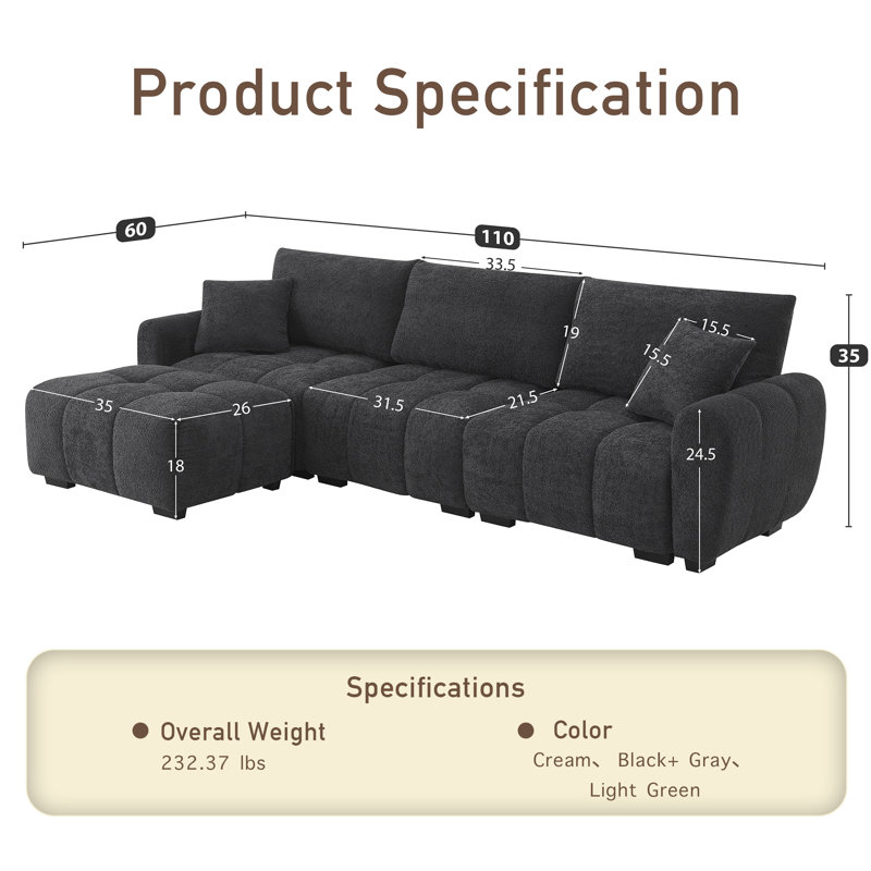 Canapé modulaire 4 places 4 places - Revêtement en tissu doux, Noir / gris bouclé