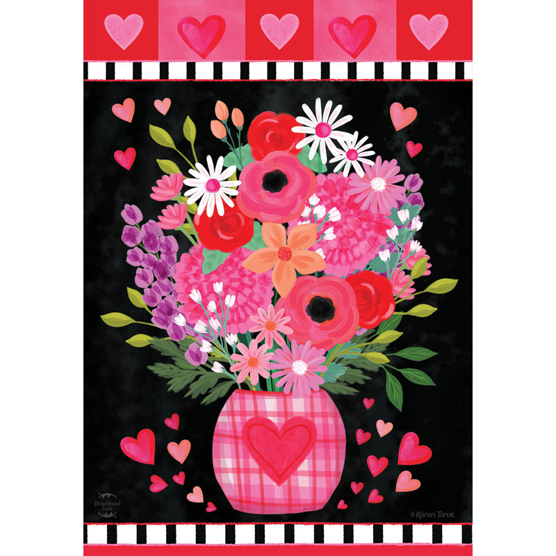 Drapeau de maison avec cœurs et fleurs, Rose / noir / rouge