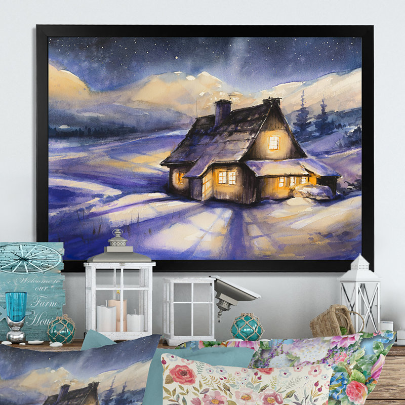 Cottage in Winter Mountains - Cadre photo, impression sur toile, H 8 po x l 12 po x P 1,5 po, Cadre photo noir
