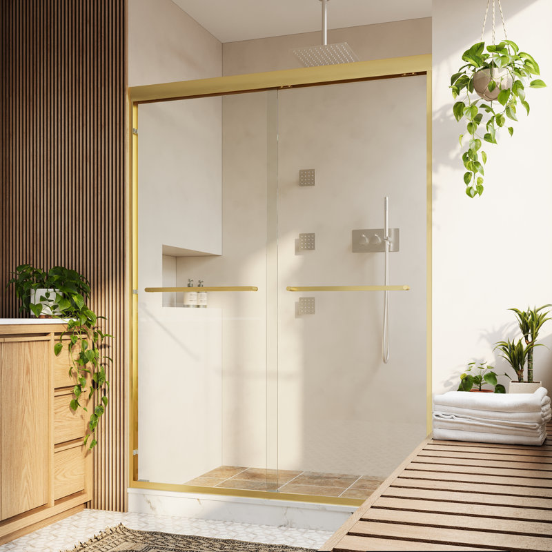 Porte de douche coulissante double 50 "à 54" x H 72 "avec porte coulissante et cadre en verre brossé, or brossé, Or brossé