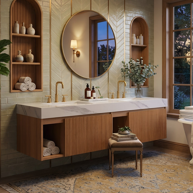 Meuble-lavabo flottant 60 po avec double vasque en céramique, plateau en pierre frittée, armoire en contreplaqué et 2 portes à fermeture en douceur (bois naturel)