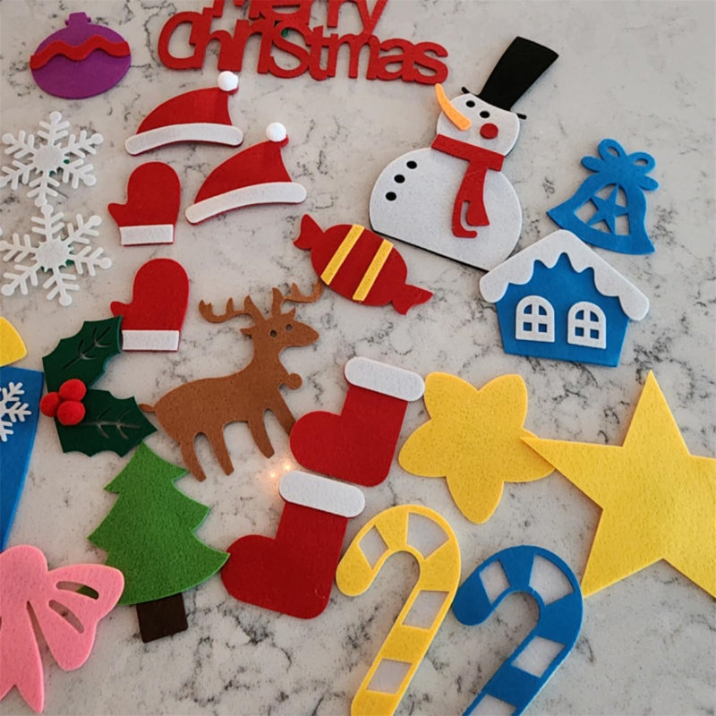 Arbre de Noël en feutre bricolage, arbre de Noël en feutre bricolage avec 32 ornements de Noël de toppers d'arbre de Noël et arbre de feutre suspendu pour la maison cadeau de Noël