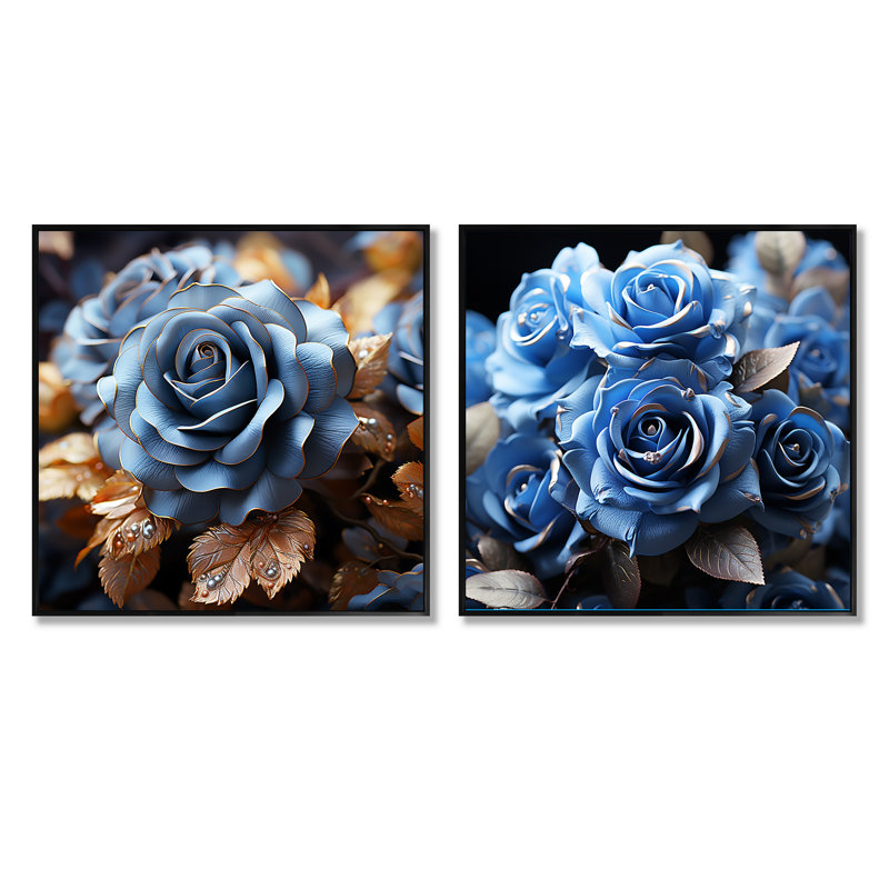 Arrangement de roses azur bleues Elegance - ensemble de 2 collages floraux carrés, Cadre flottant noir, H 30 po x l 61 po