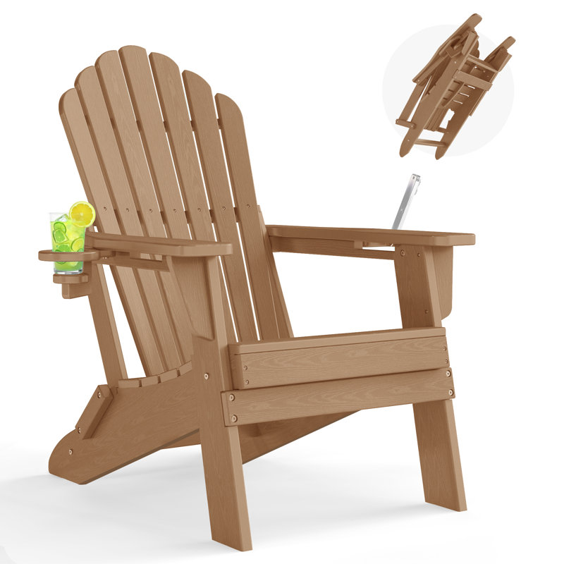 Folding HDPE Adirondack Chair with Dual Cup Holders – All-Weather Outdoor Patio Chair, Teak