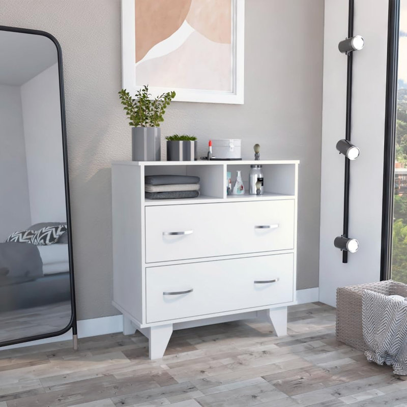 Armoire de rangement autoportante avec 2 tiroirs et 2 tablettes ouvertes, armoire utilitaire de bureau avec plateau robuste et quatre pieds pour le bureau, le garage ou les espaces utilitaires - blanc
