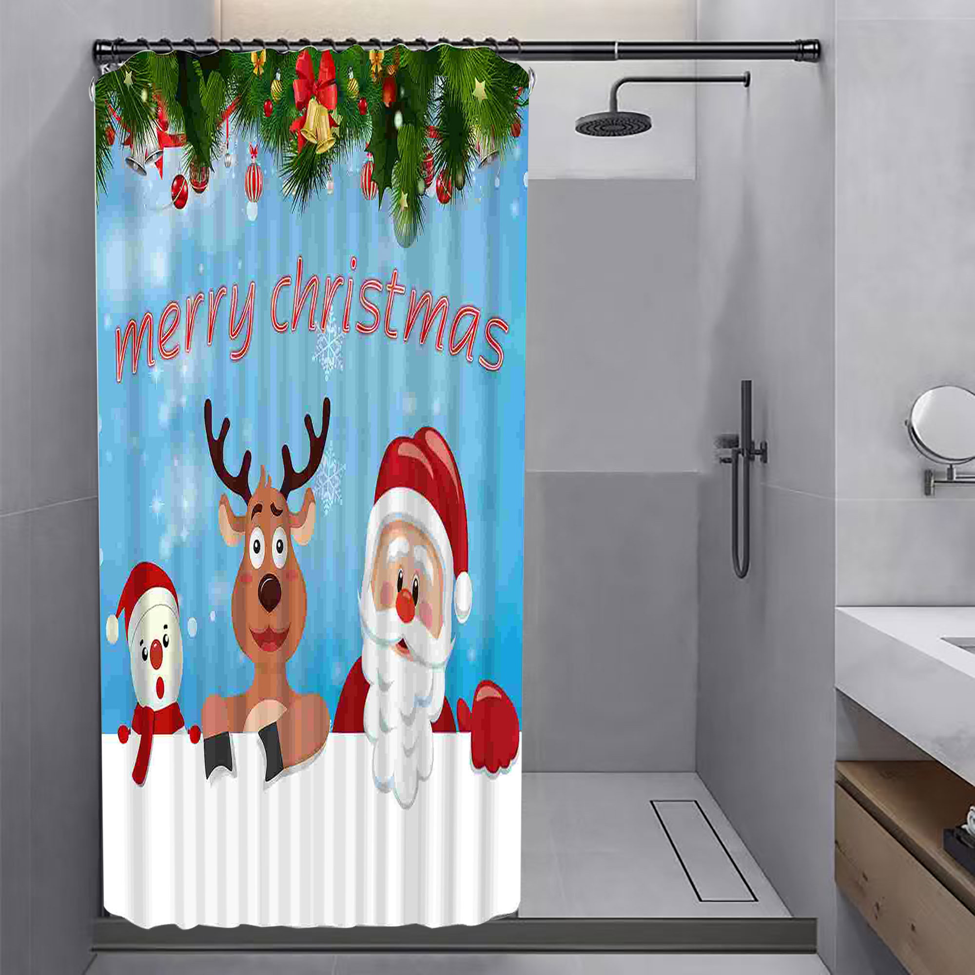 The Holiday Aisle® Hakima Merry Christmas Santa Shower Curtain | Wayfair