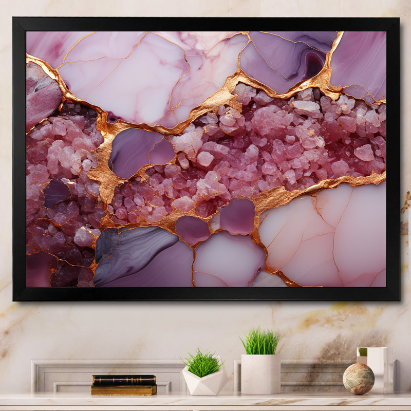«Rose and Gold Marble Agate River IV», reproduction d'art murale abstraite, Cadre d'angle fermé noir