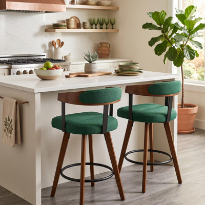 Bar Stools Set , Solid Rubberwood Chenille Upholstered Counter Height Bar Chairs with Backrest and Footrest for Kitchen Island, Home Bar