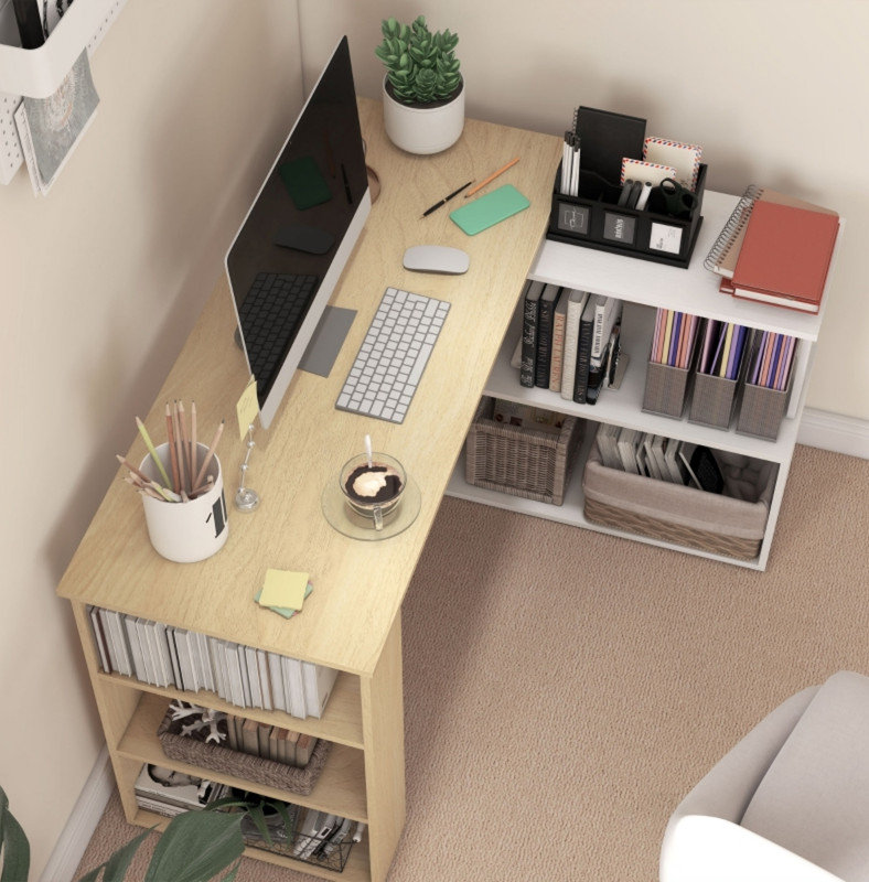 Corner Computer Desk, L Shaped Desk with 360° Rotating Bookshelf, 120L x 110W x 74.5H cm, Natural and White