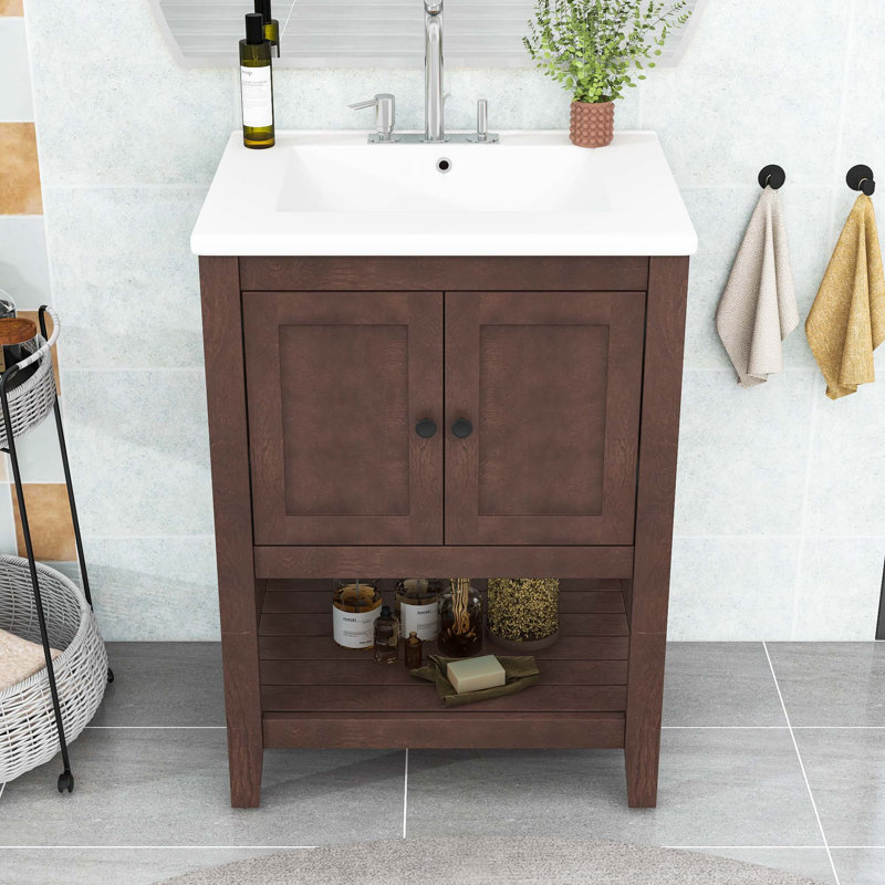  Neval 24'' Single Bathroom Vanity with Ceramic Top, Brown