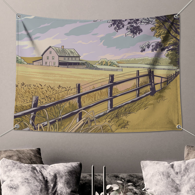 Tapisserie murale maison de campagne - Décoration murale paysage, H 68 po x l 80 po avec 4 œillets
