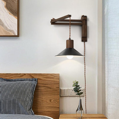 Vintage Wood Swing Arm Wall Sconce With Dimmable On/Off Switch, Plug-In Wall Mounted Reading Lamp For Bedroom, Living Room, Office - Bulb Included