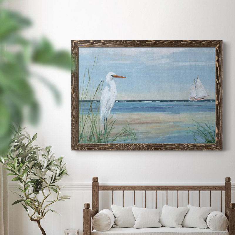 Summer Heron - Peinture sur toile encadrée, H 31,5 po x l 23,5 po x P 1,5 po, Noyer