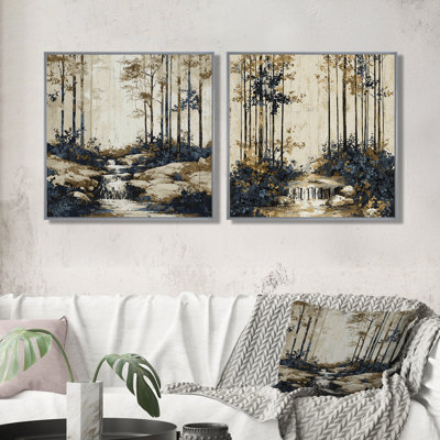 «Beige Forest and Blue River Natures Balance III», art mural forêt - art mural traditionnel pour le salon, 2 pièces