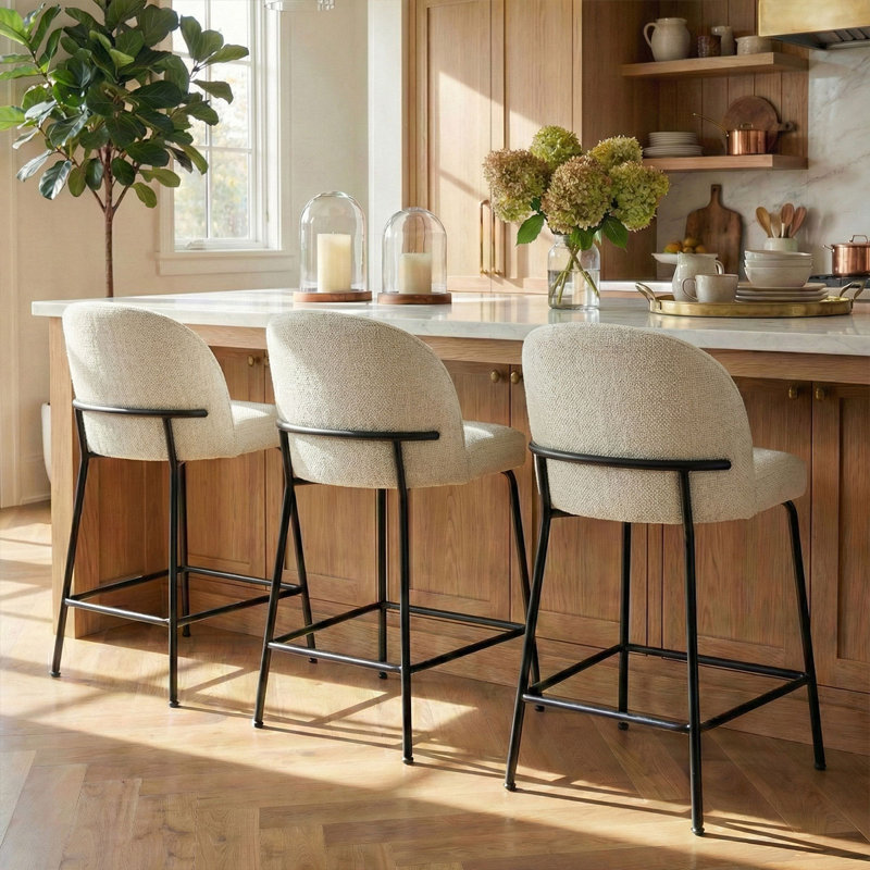 Modern Counter Height Upholstered Bar Stools With Sculptural Curved Back, White