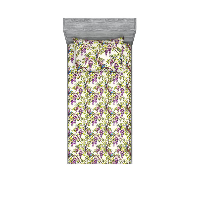 Drap-housse et taie décorative Ambesonne printemps art branches d'arbre lime vert bleu mauve